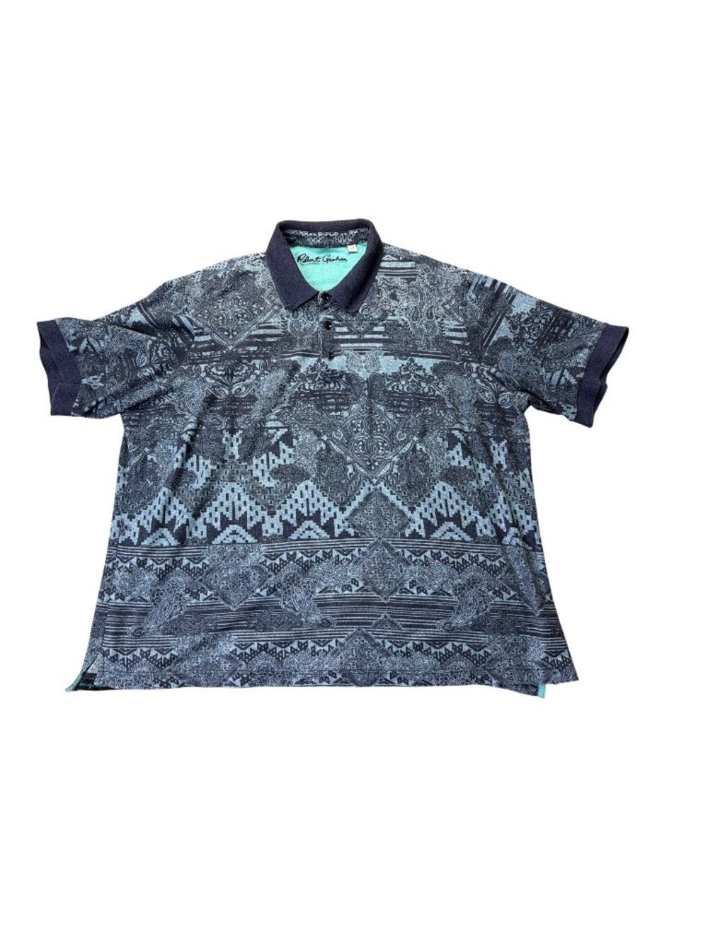 Robert Graham Mens 2XL Polo Shirt Classic Fit Blue Gray Paisley Geometric Patter